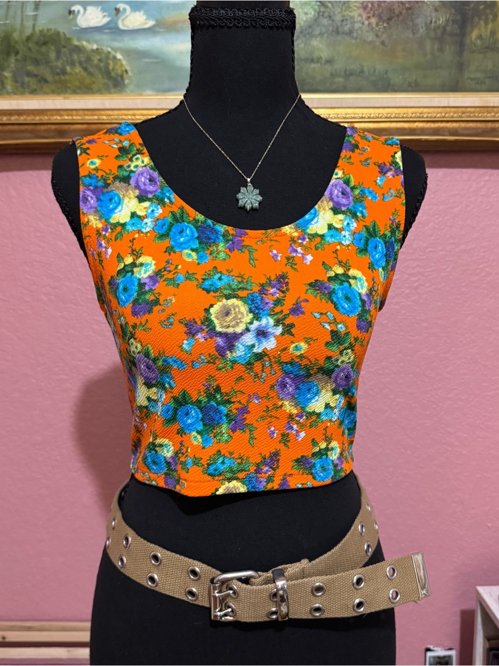 Orange Floral Crop Tank Top - Unbranded